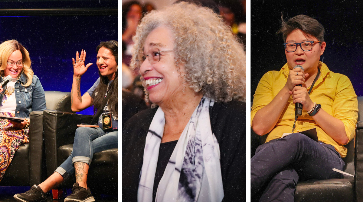 On the left, two panelists seated on stage, one holding a mic and smiling and one smiling with their hands up; in the middle a photo of Angela Davis in the crowd smiling; on the right, a panelist seated holding a microphone